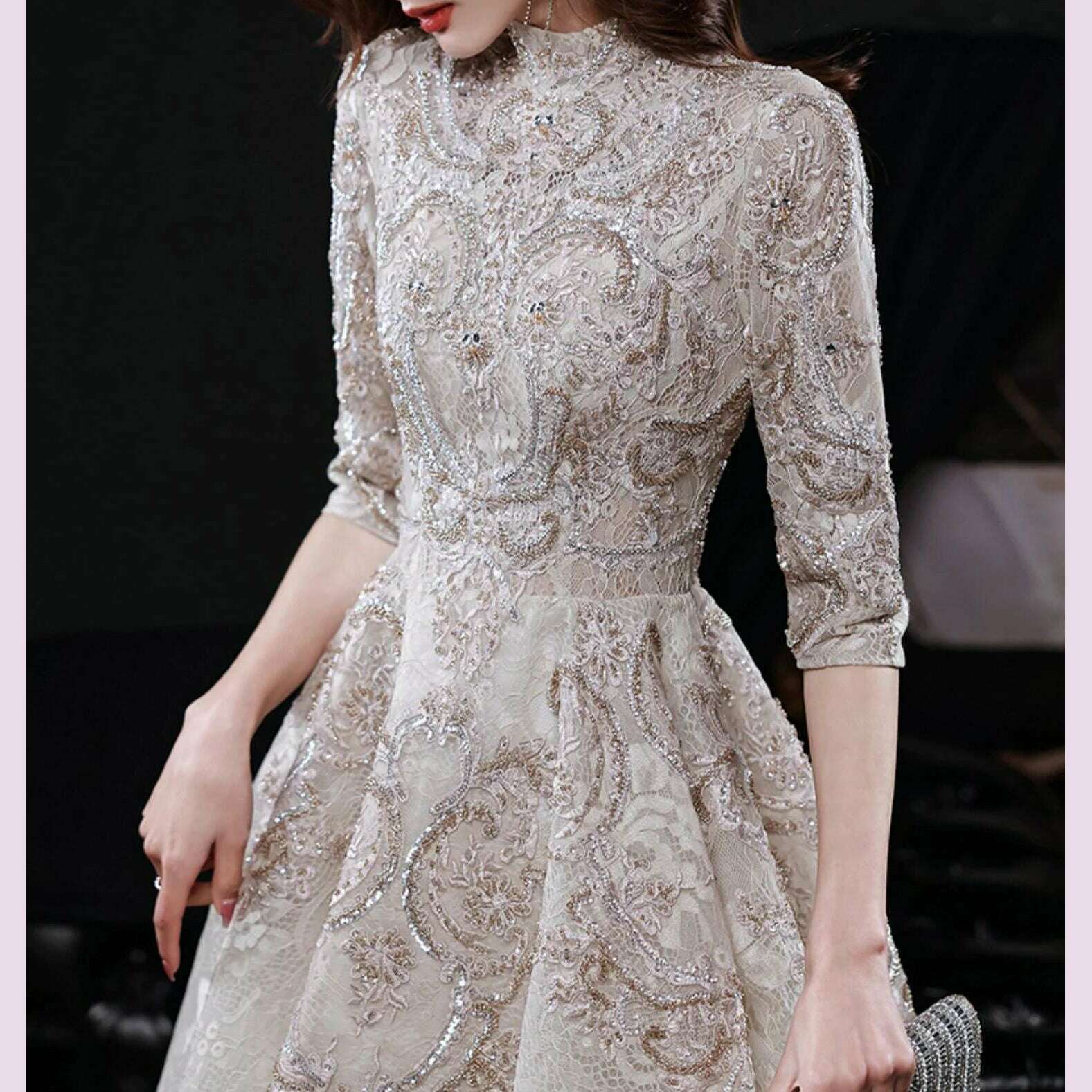 KIMLUD, Luxury Champagne Prom Dresses Half Sleeves Lace Beaded Elegant Formal High Neck A-Line Long Wedding Celebrity Evening Gowns New, KIMLUD Womens Clothes