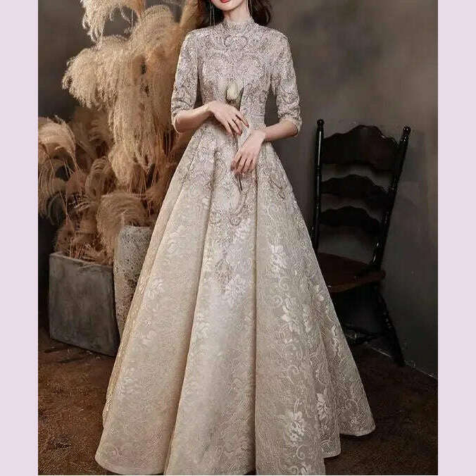 KIMLUD, Luxury Champagne Prom Dresses Half Sleeves Lace Beaded Elegant Formal High Neck A-Line Long Wedding Celebrity Evening Gowns New, Photo Color / CHINA / 4, KIMLUD APPAREL - Womens Clothes