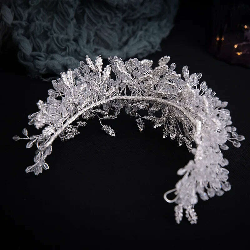 KIMLUD, Luxury Crystal Beads Floral Wedding Headbands Bridal Hair Accessories Rhinestone Crown Hairband Bride Tiaras Handmade Headpiece, KIMLUD Womens Clothes