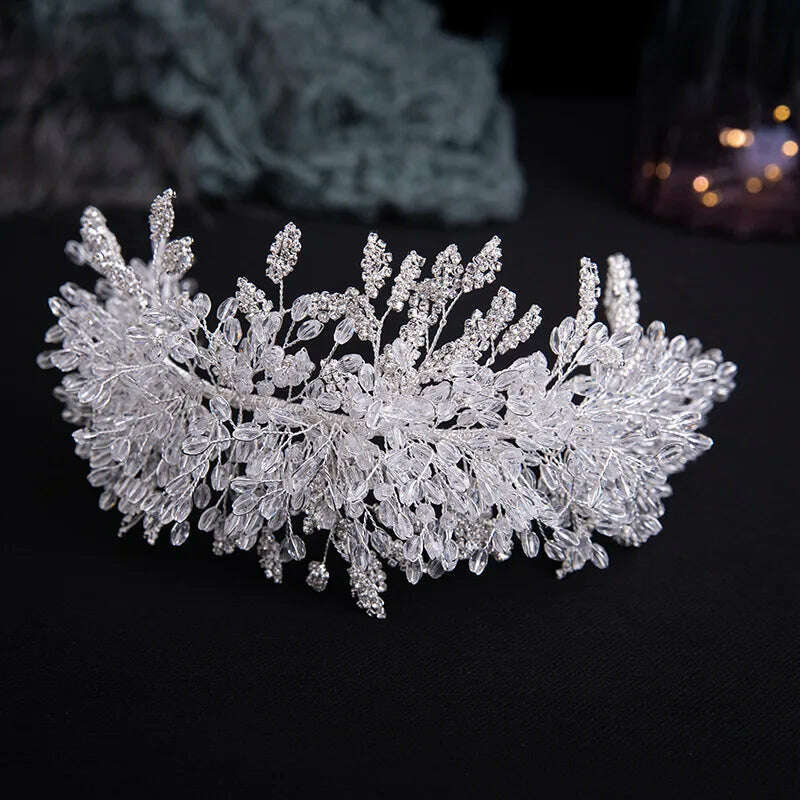 KIMLUD, Luxury Crystal Beads Floral Wedding Headbands Bridal Hair Accessories Rhinestone Crown Hairband Bride Tiaras Handmade Headpiece, KIMLUD Womens Clothes