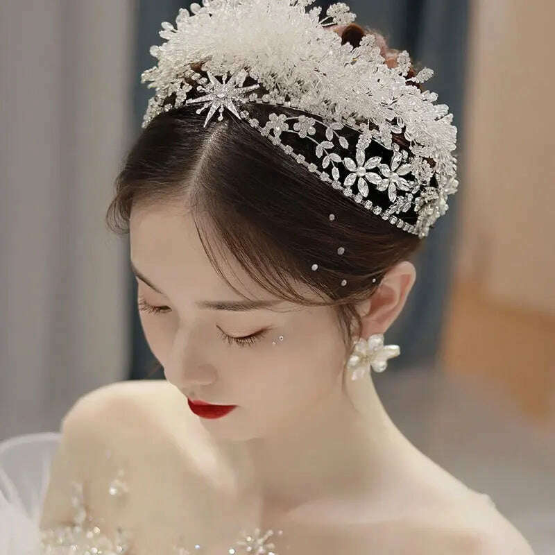 KIMLUD, Luxury Crystal Beads Floral Wedding Headbands Bridal Hair Accessories Rhinestone Crown Hairband Bride Tiaras Handmade Headpiece, KIMLUD Womens Clothes