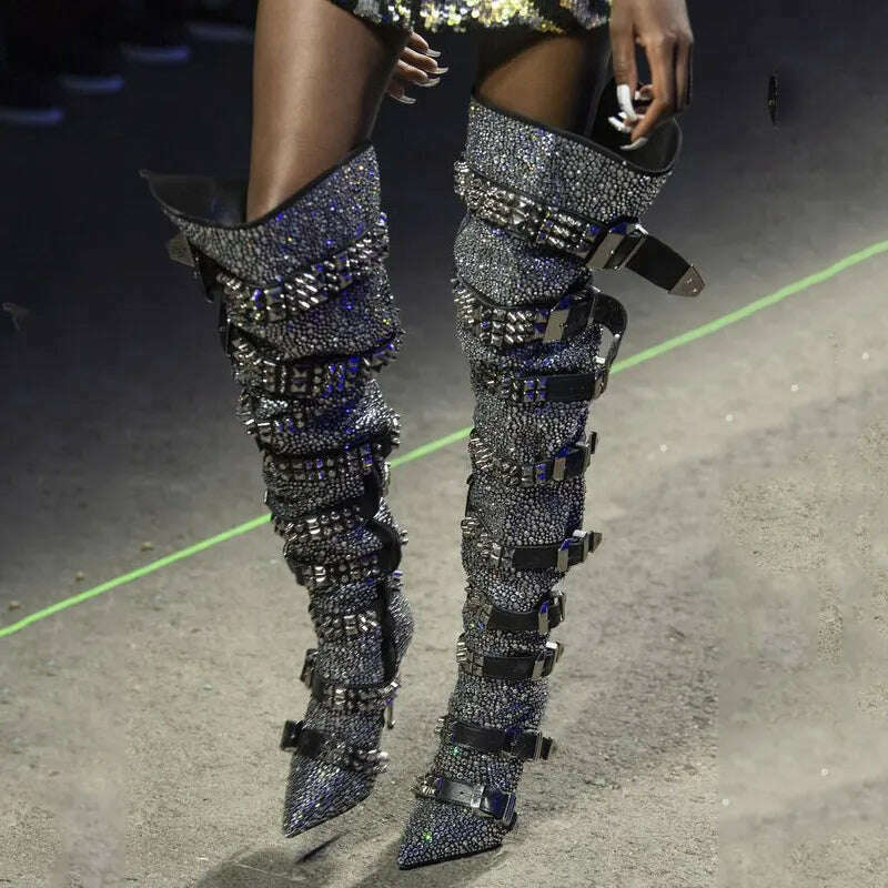 Luxury Crystal Thigh High Boots Women Belt Buckle Design Rhinestones Over The Knee Boots Sexy Pointed Toe Bling Bling Shoes - KIMLUD