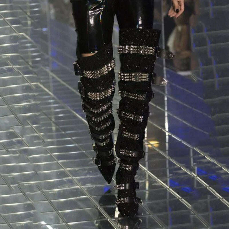 Luxury Crystal Thigh High Boots Women Belt Buckle Design Rhinestones Over The Knee Boots Sexy Pointed Toe Bling Bling Shoes - KIMLUD
