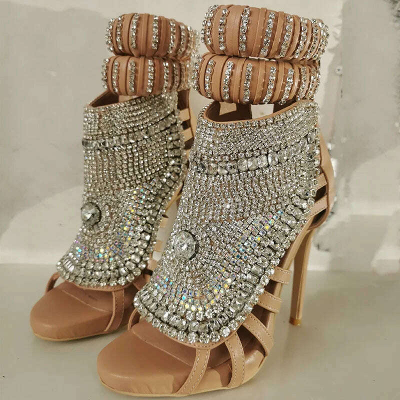 KIMLUD, Luxury Design Diamonds Women High Heels Large Size 47 Stiletto Sandals Rhinestone Ladies Party Dress Mule Shoes, apricot / 35, KIMLUD APPAREL - Womens Clothes