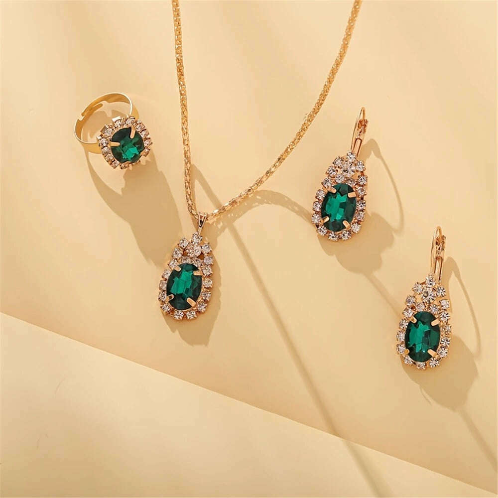 KIMLUD, Luxury Design Water Drop Green Crystal Pendant Earring Necklace Ring Set Beautiful Women's Party Jewelry Romantic Valentine Gift, KIMLUD Womens Clothes