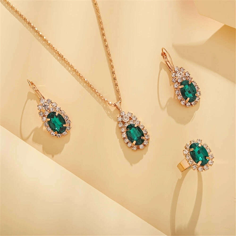 KIMLUD, Luxury Design Water Drop Green Crystal Pendant Earring Necklace Ring Set Beautiful Women's Party Jewelry Romantic Valentine Gift, KIMLUD Womens Clothes