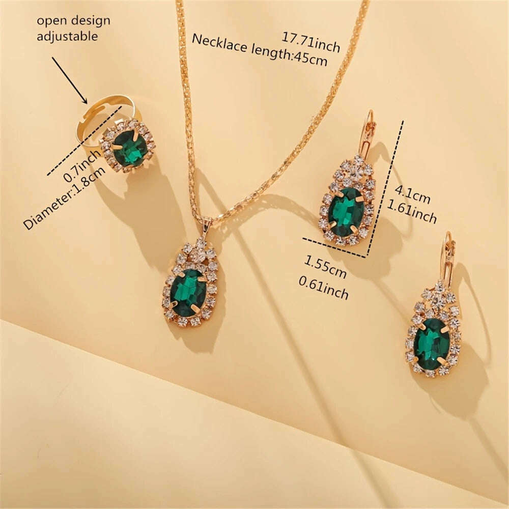 KIMLUD, Luxury Design Water Drop Green Crystal Pendant Earring Necklace Ring Set Beautiful Women's Party Jewelry Romantic Valentine Gift, KIMLUD Womens Clothes