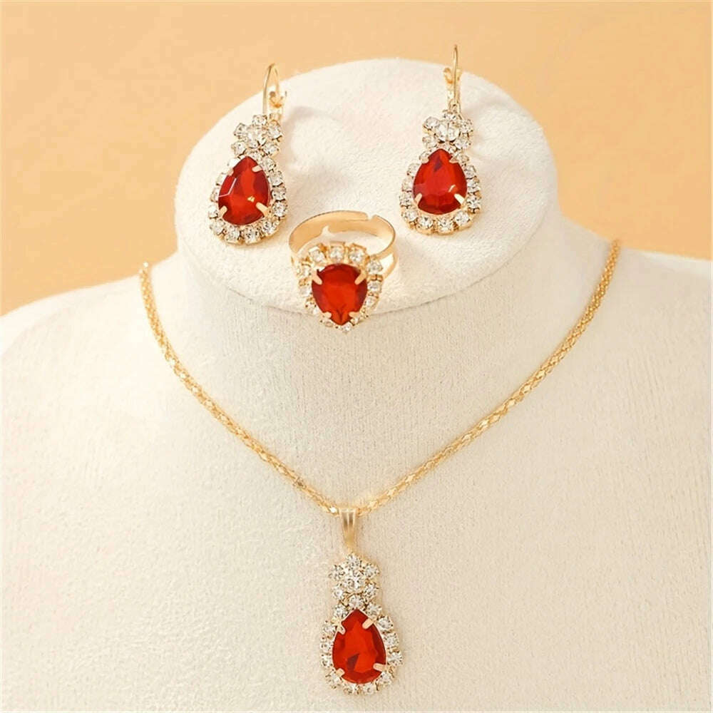 KIMLUD, Luxury Design Water Drop Green Crystal Pendant Earring Necklace Ring Set Beautiful Women's Party Jewelry Romantic Valentine Gift, KIMLUD Womens Clothes