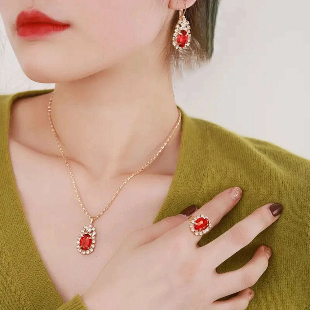 KIMLUD, Luxury Design Water Drop Green Crystal Pendant Earring Necklace Ring Set Beautiful Women's Party Jewelry Romantic Valentine Gift, KIMLUD Womens Clothes