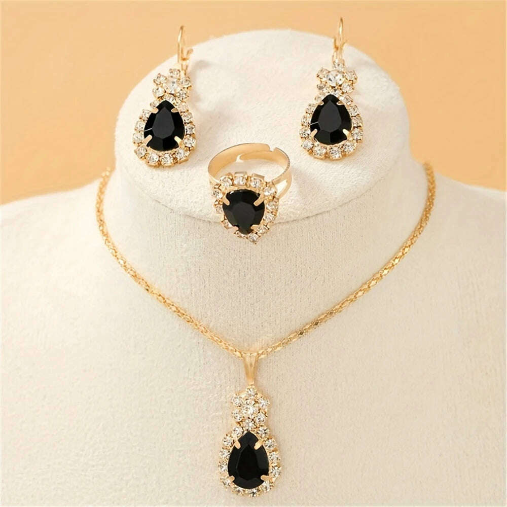 KIMLUD, Luxury Design Water Drop Green Crystal Pendant Earring Necklace Ring Set Beautiful Women's Party Jewelry Romantic Valentine Gift, Black, KIMLUD APPAREL - Womens Clothes