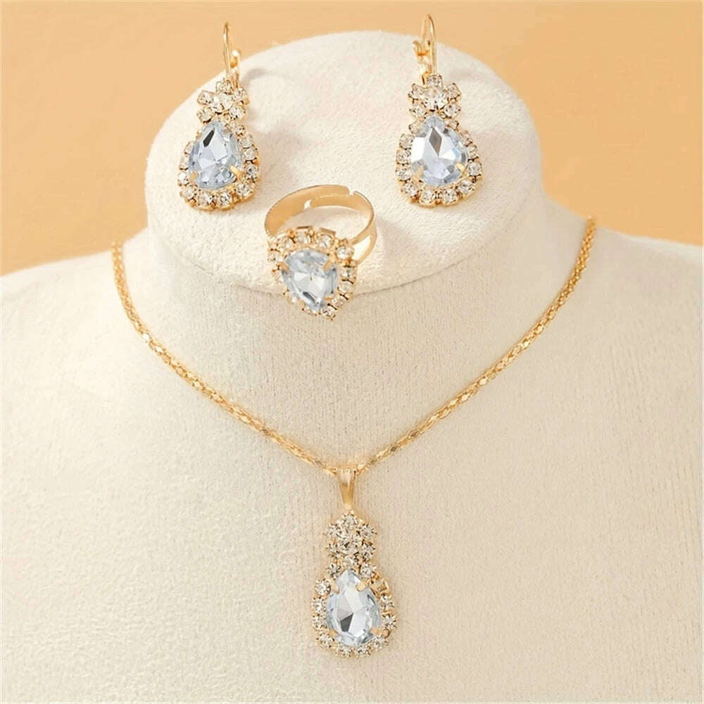 KIMLUD, Luxury Design Water Drop Green Crystal Pendant Earring Necklace Ring Set Beautiful Women's Party Jewelry Romantic Valentine Gift, White, KIMLUD APPAREL - Womens Clothes