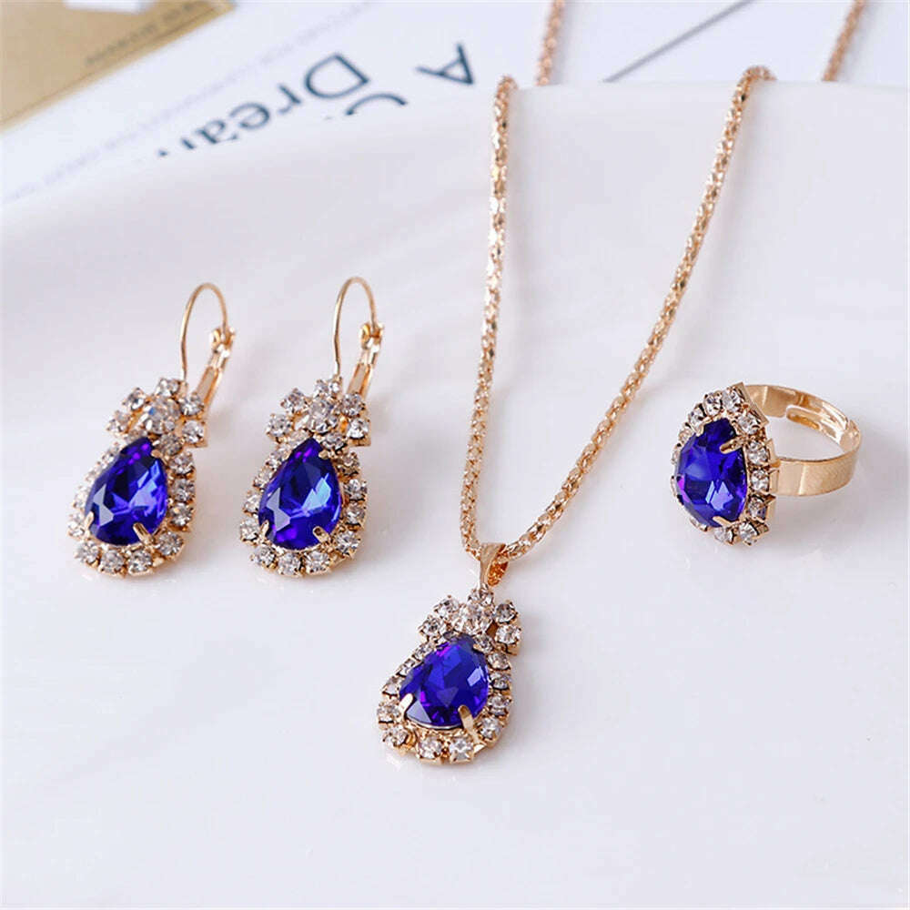KIMLUD, Luxury Design Water Drop Green Crystal Pendant Earring Necklace Ring Set Beautiful Women's Party Jewelry Romantic Valentine Gift, Dark Blue, KIMLUD APPAREL - Womens Clothes