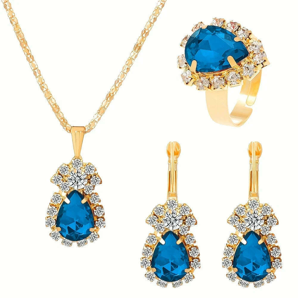 KIMLUD, Luxury Design Water Drop Green Crystal Pendant Earring Necklace Ring Set Beautiful Women's Party Jewelry Romantic Valentine Gift, Light Blue, KIMLUD APPAREL - Womens Clothes