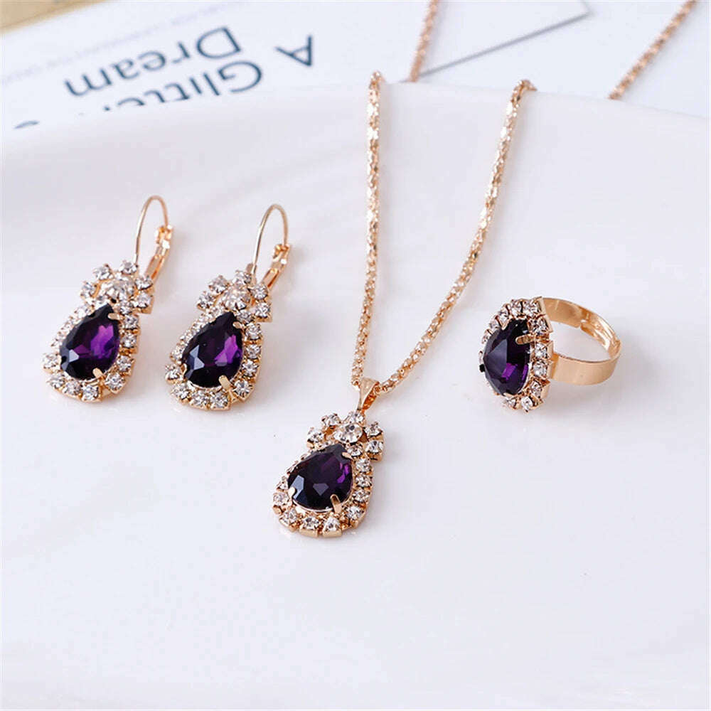 KIMLUD, Luxury Design Water Drop Green Crystal Pendant Earring Necklace Ring Set Beautiful Women's Party Jewelry Romantic Valentine Gift, Purple, KIMLUD APPAREL - Womens Clothes