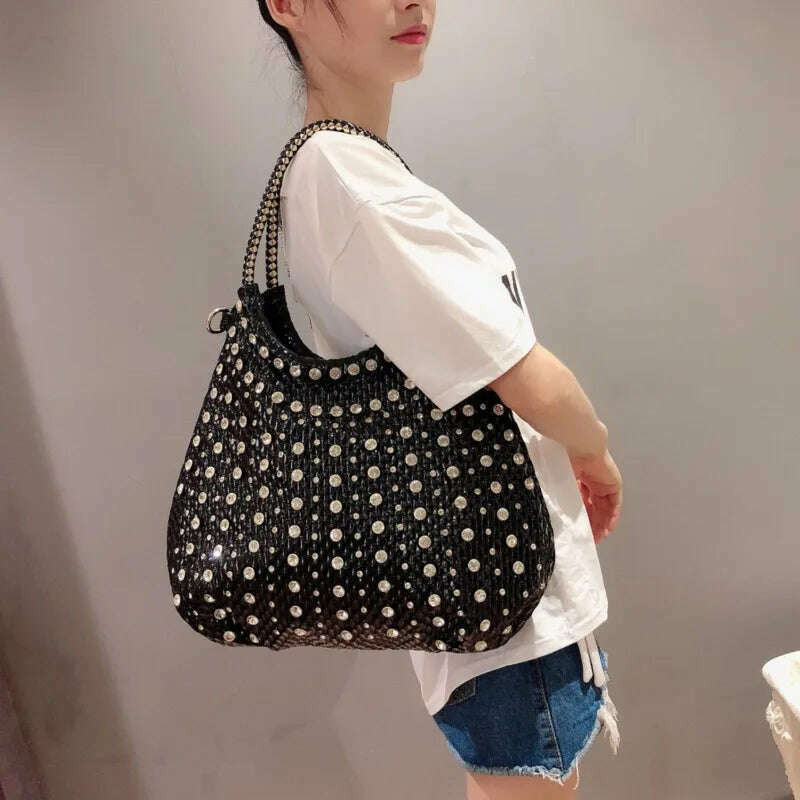 KIMLUD, Luxury Designer Diamond Women's Handbags Fashion Leather Crossbody Shoulder Bag Rhinestone Large Capacity Package rhinestone bag, KIMLUD Womens Clothes