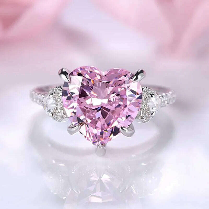 KIMLUD, Luxury Designer Heart Pink Crystal Rings for Women Wedding Engagement Rings for Women Valentines Day Gift Jewelry Anillos Mujer, KIMLUD Womens Clothes
