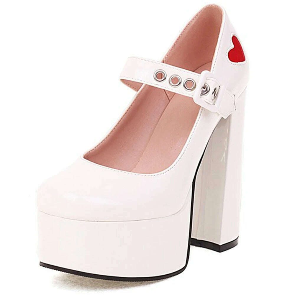 KIMLUD, Luxury Designer Marry Janes Pumps For Women Love Heart High Heels Buckle Platform Punk Chunky Pink Wedding Party women&#39;s Shoes, White style 1 / 5, KIMLUD Womens Clothes