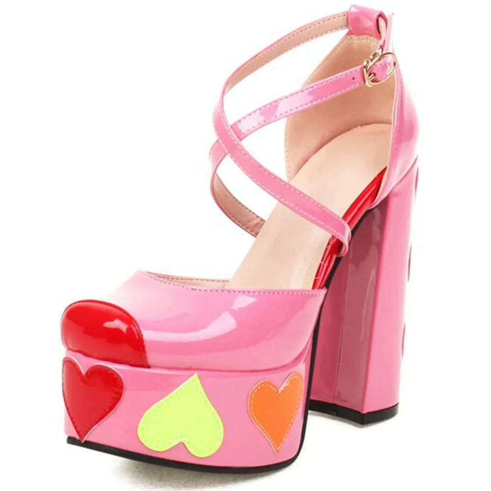 KIMLUD, Luxury Designer Marry Janes Pumps For Women Love Heart High Heels Buckle Platform Punk Chunky Pink Wedding Party women&#39;s Shoes, KIMLUD Womens Clothes