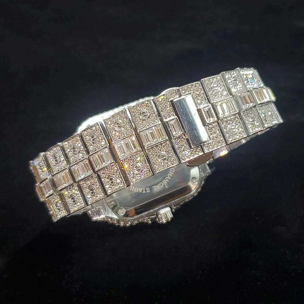 KIMLUD, Luxury Diamond Watch for Men Hip Hop Style Bling Bling Iced Out Wristwatch Fashion Square Stainless Steel Waterproof Clock 2024, KIMLUD Womens Clothes