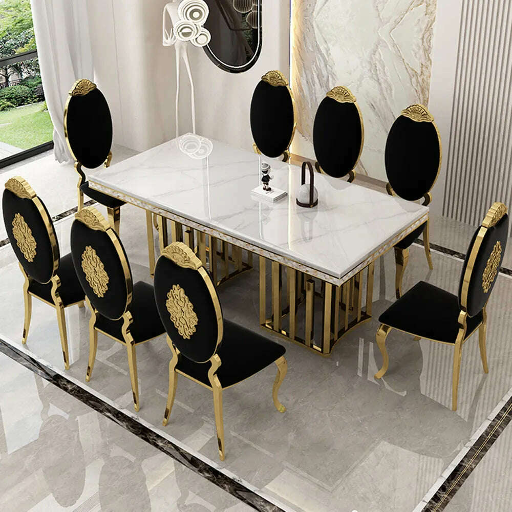 Luxury Dining Room Set: 8 MANBAS Stainless Steel Genuine Leather Chairs, and Rectangle Table Made In Marble and Sea Shell - KIMLUD