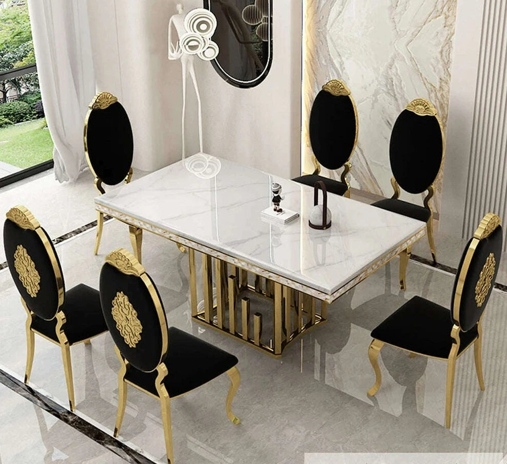 KIMLUD, Luxury Dining Room Set: 8 MANBAS Stainless Steel Genuine Leather Chairs, and Rectangle Table Made In Marble and Sea Shell, KIMLUD Womens Clothes