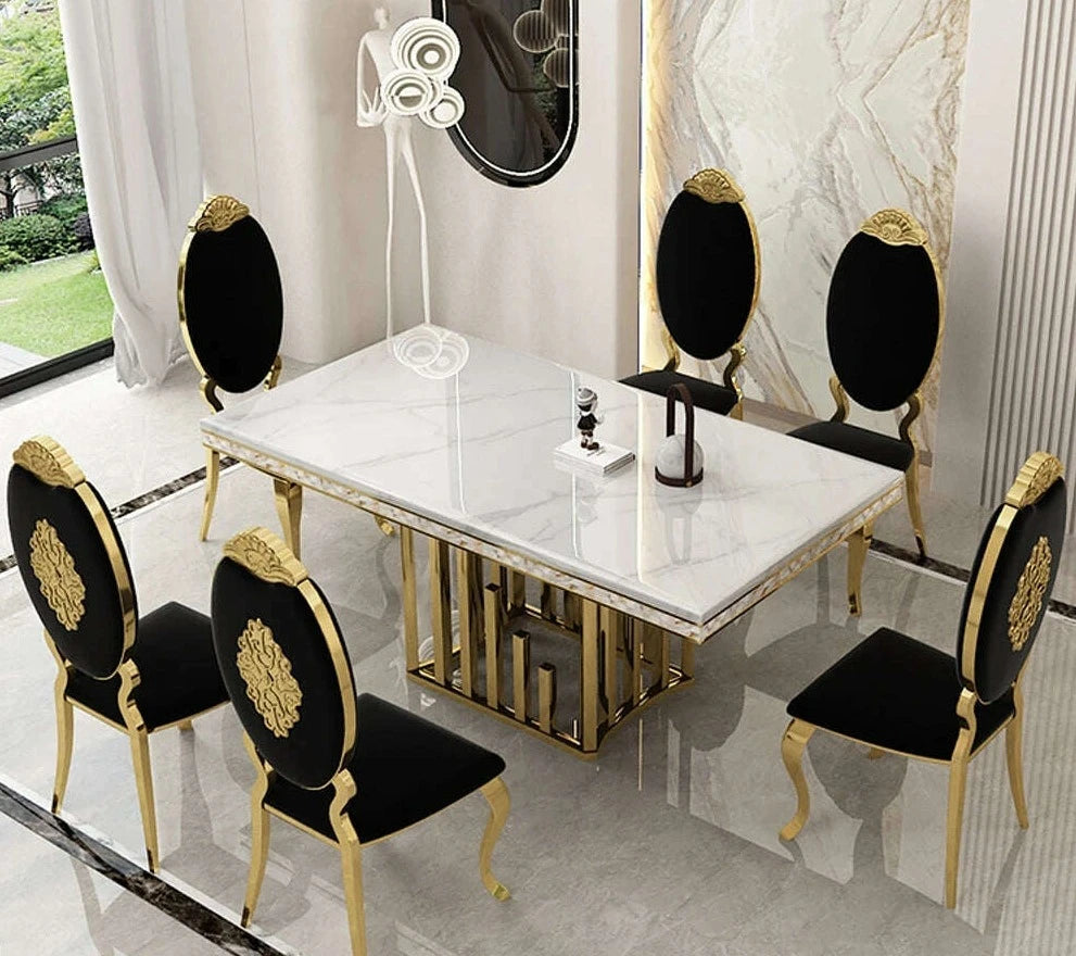 KIMLUD, Luxury Dining Room Set: 8 MANBAS Stainless Steel Genuine Leather Chairs, and Rectangle Table Made In Marble and Sea Shell, table 6 chairs, KIMLUD Womens Clothes