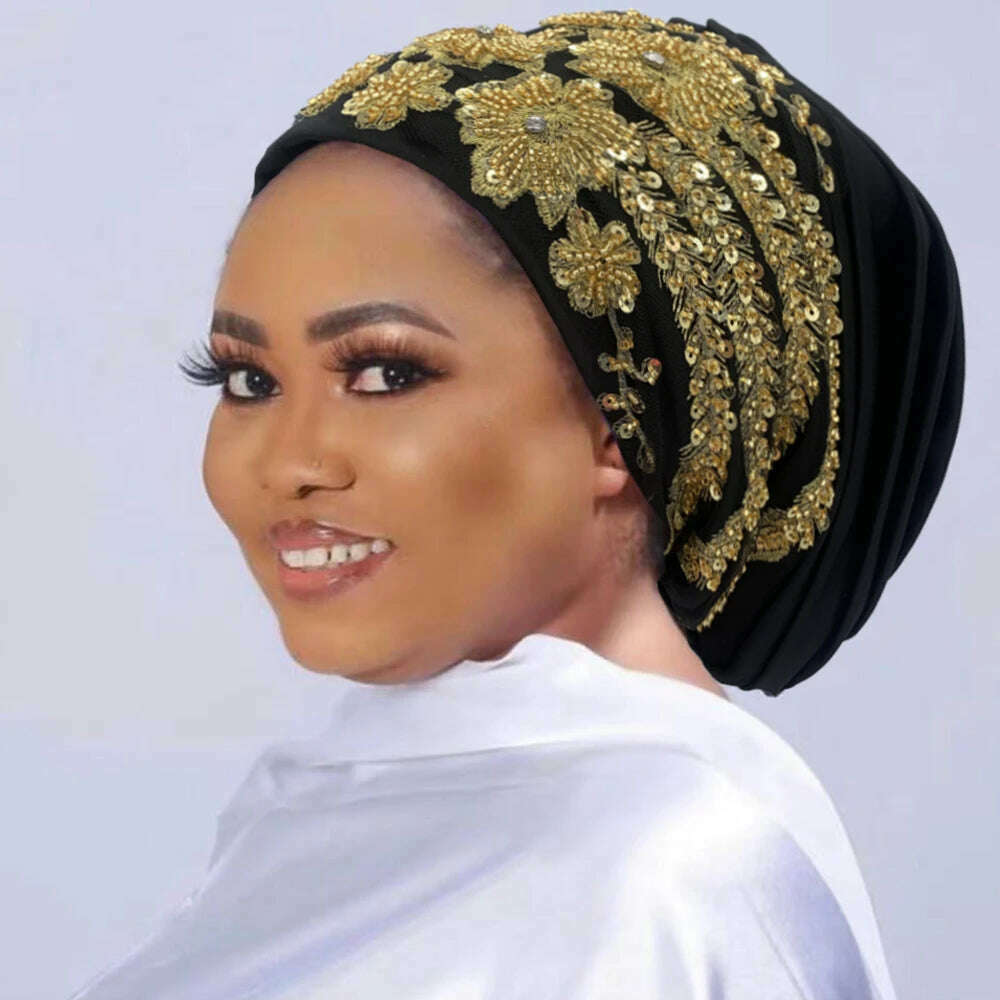 Luxury Embroidery Beading Pleated Turban Cap for Women African Female Wrap Head Bonnet Muslim Turban Hat Lady Head Wraps - KIMLUD