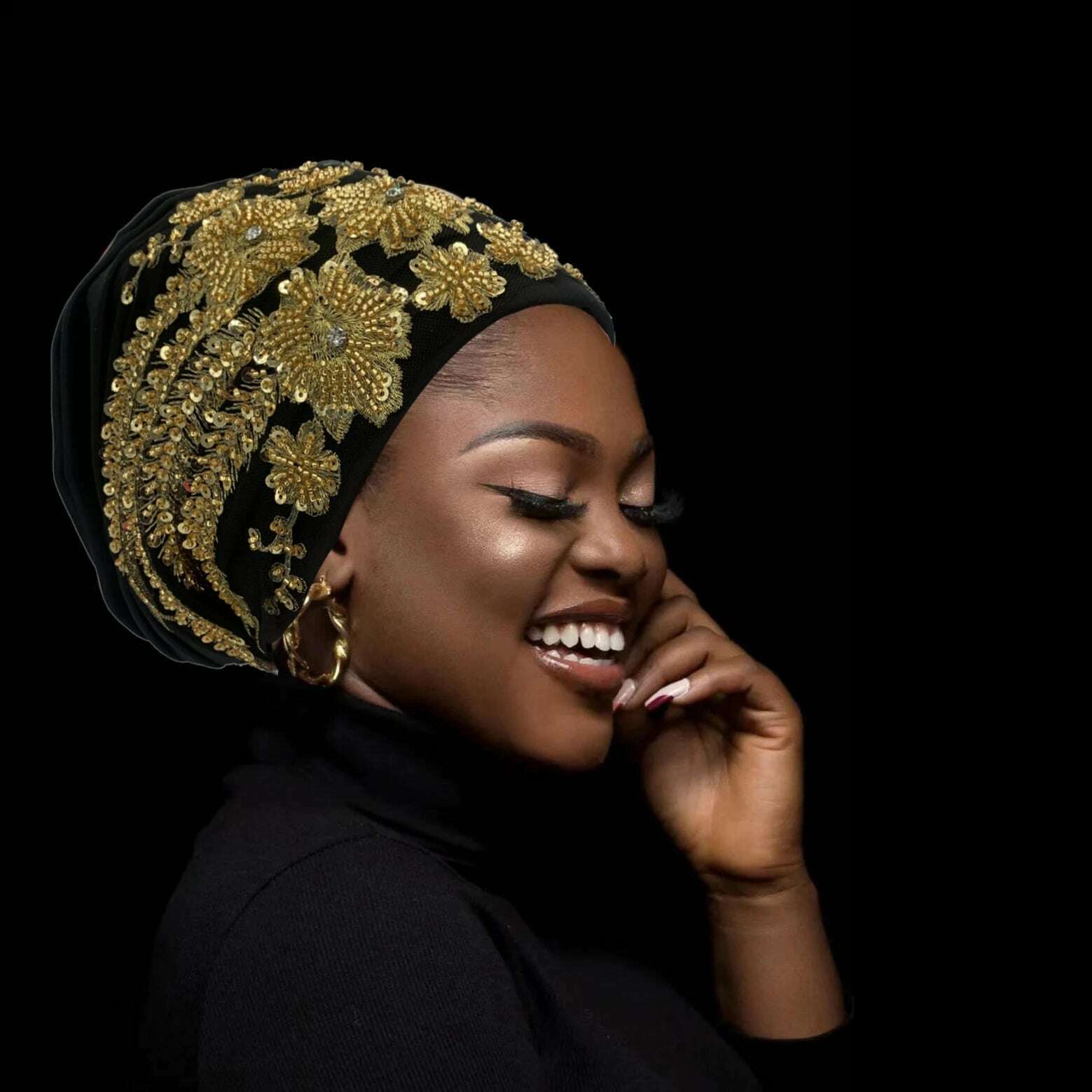 Luxury Embroidery Beading Pleated Turban Cap for Women African Female Wrap Head Bonnet Muslim Turban Hat Lady Head Wraps - KIMLUD