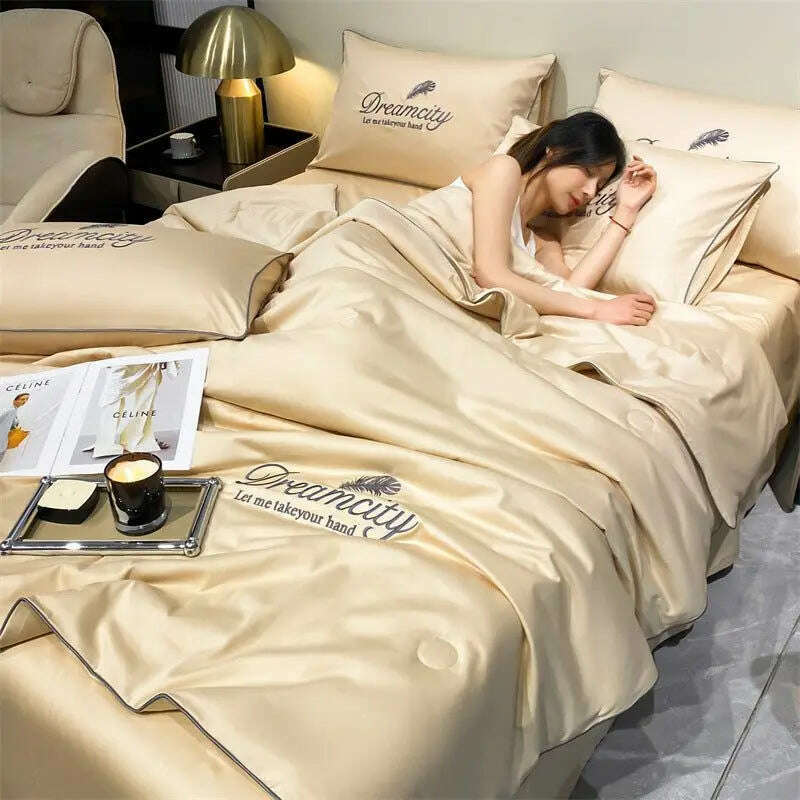 Luxury Embroidery Summer Simple Cool Ice Silk Quilt Breathable Queen Quilts Cooling Comforter Bedding Sets Ice Rayon Blanket - KIMLUD