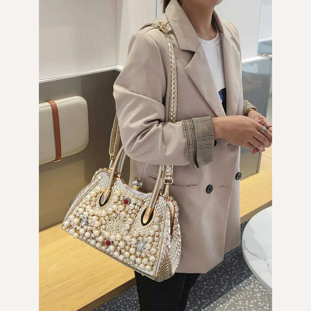 KIMLUD, Luxury Fashion Brand Pearl Women's Handbag 2023 New Leather Diamond Shoudler Crossbody Evening Bag Portable Rhinestone Lock Bags, KIMLUD Womens Clothes