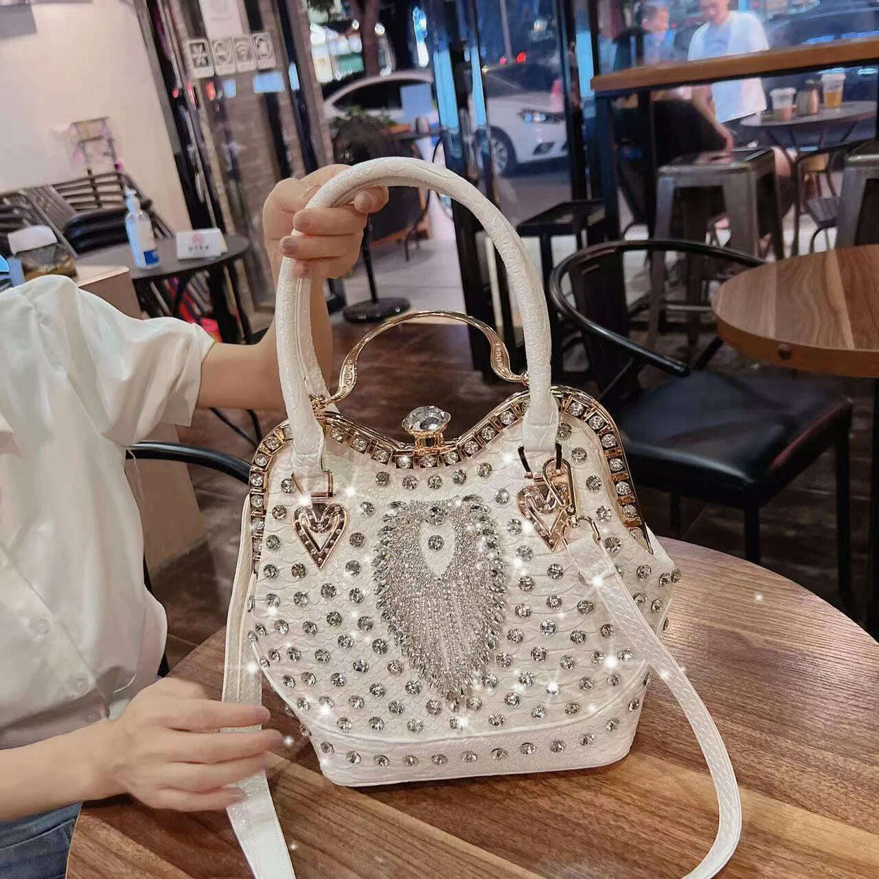 KIMLUD, Luxury Fashion Diamonds Leather Women's Bag Small Crossbody Bucket Bag 2023 New Ladies Handbag Niche Party Evening Shoulder Bags, White, KIMLUD APPAREL - Womens Clothes