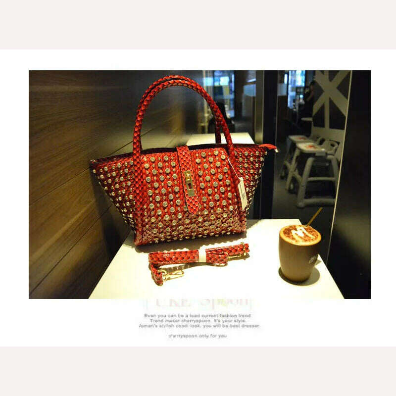 KIMLUD, Luxury Fashion Diamonds Women Handbags Genuine Leather Female Dumplings Shoulder Slung Bag Drill Lock Messenger Crossbody Bags, Red, KIMLUD APPAREL - Womens Clothes
