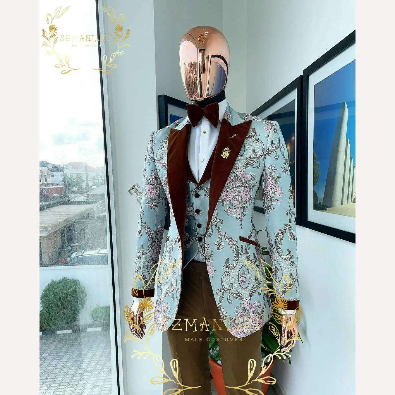 KIMLUD, Luxury Floral Wedding Tuxedo For Groom Slim Fit Men Suits Brown Velvet Peak Lapel Costume Homme 3 Pieces Blazer Vest Pants Sets, KIMLUD Womens Clothes