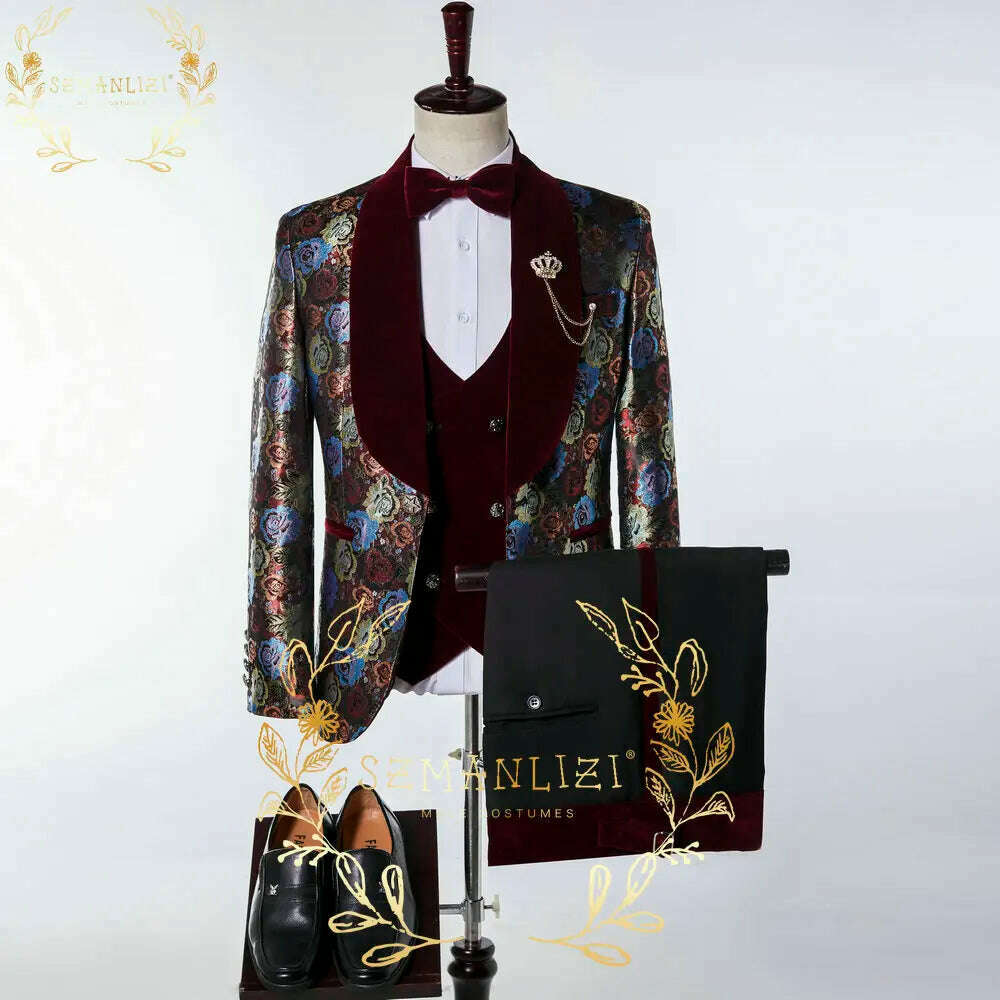 KIMLUD, Luxury Floral Wedding Tuxedo For Groom Slim Fit Men Suits Brown Velvet Peak Lapel Costume Homme 3 Pieces Blazer Vest Pants Sets, as picture 6 / XS(EU44 Or US34), KIMLUD APPAREL - Womens Clothes