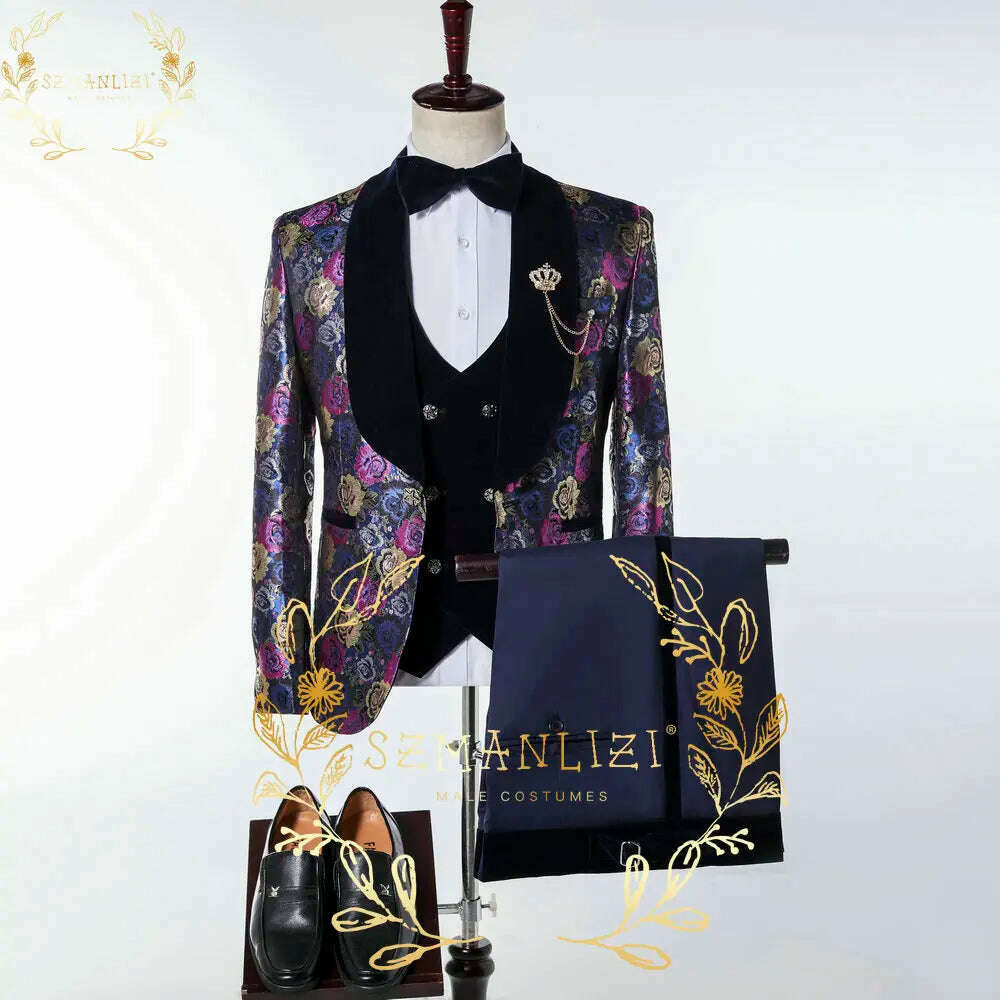 KIMLUD, Luxury Floral Wedding Tuxedo For Groom Slim Fit Men Suits Brown Velvet Peak Lapel Costume Homme 3 Pieces Blazer Vest Pants Sets, as picture 7 / XS(EU44 Or US34), KIMLUD APPAREL - Womens Clothes