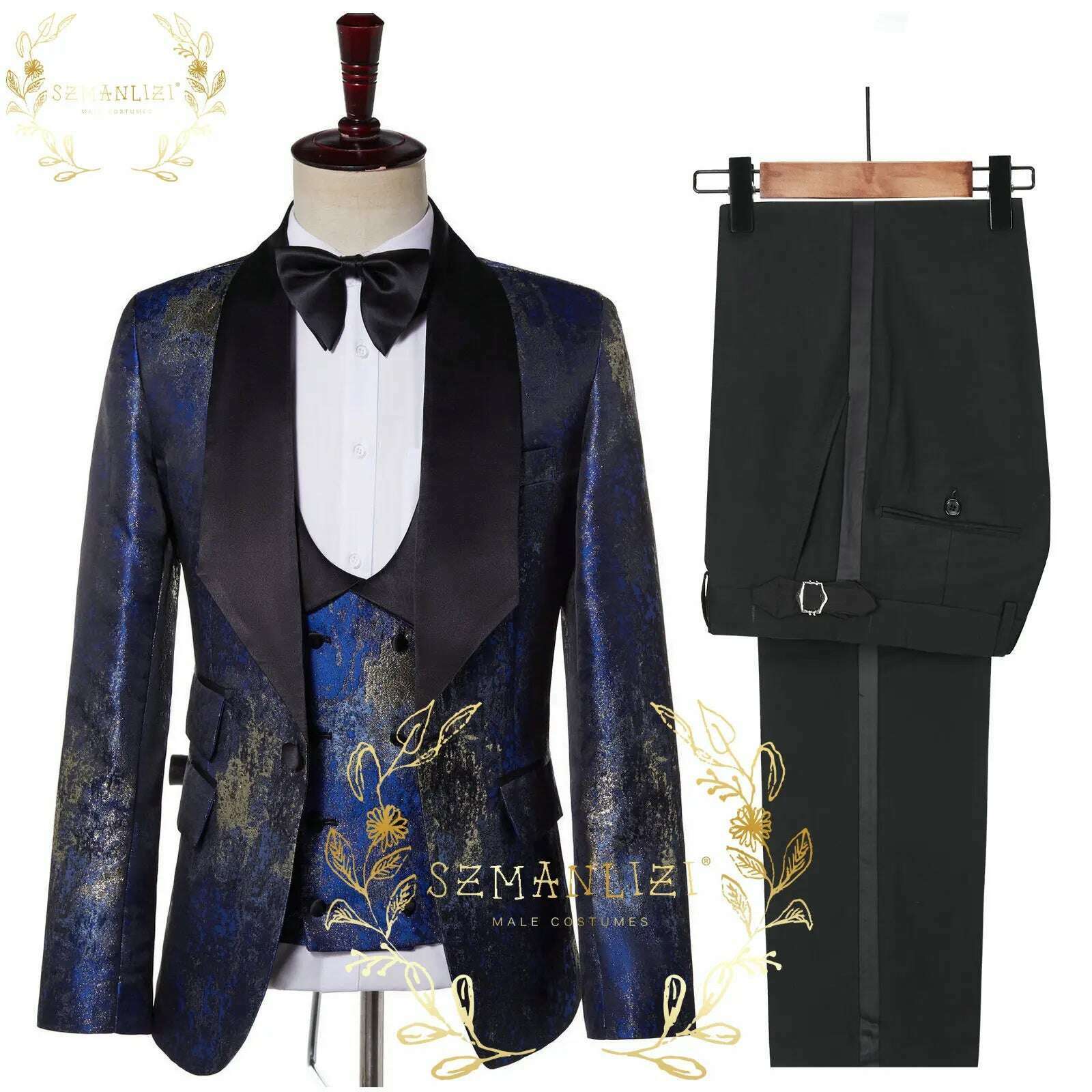 KIMLUD, Luxury Floral Wedding Tuxedo For Groom Slim Fit Men Suits Brown Velvet Peak Lapel Costume Homme 3 Pieces Blazer Vest Pants Sets, as picture 2 / XS(EU44 Or US34), KIMLUD APPAREL - Womens Clothes