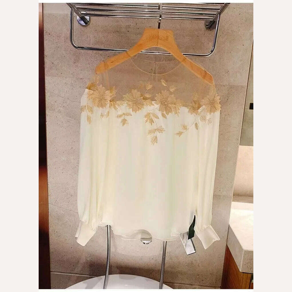 Luxury Flowers Embroidery Mesh Stitching Satin Shirt Sweet Long Sleeved Faux Silk Blouses Loose OL Gauze Glossy Crop Tops Blusas - KIMLUD