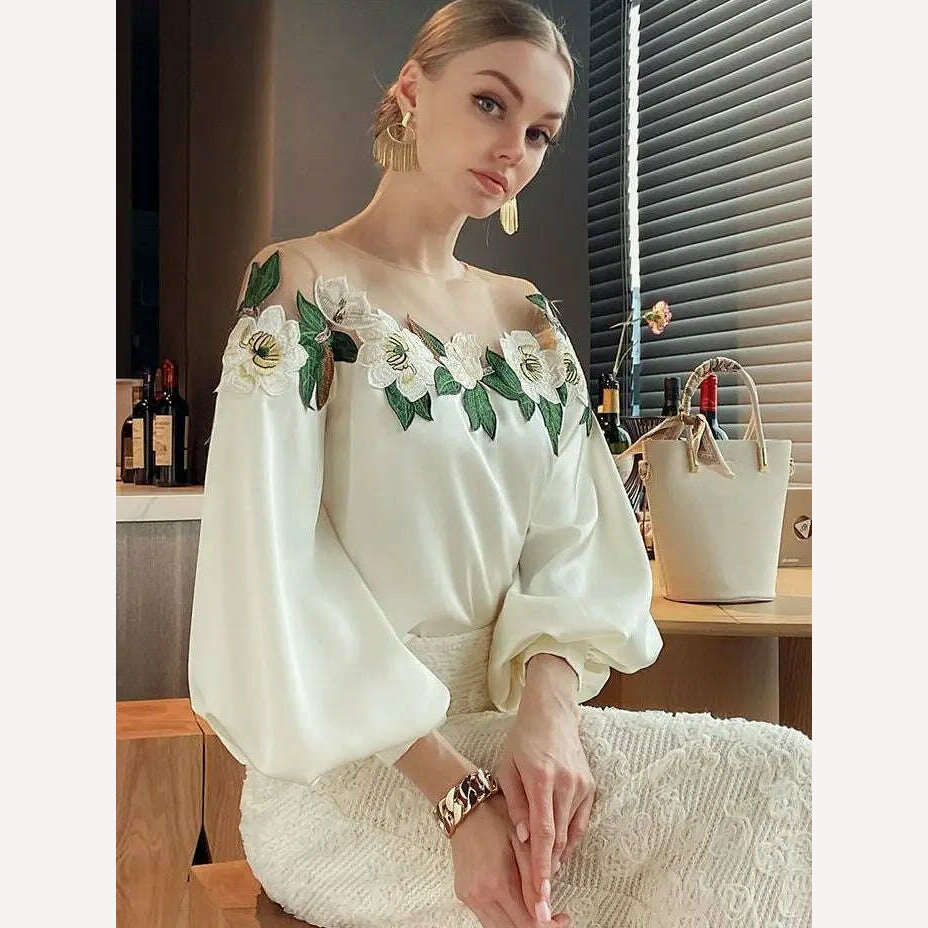 Luxury Flowers Embroidery Mesh Stitching Satin Shirt Sweet Long Sleeved Faux Silk Blouses Loose OL Gauze Glossy Crop Tops Blusas - KIMLUD