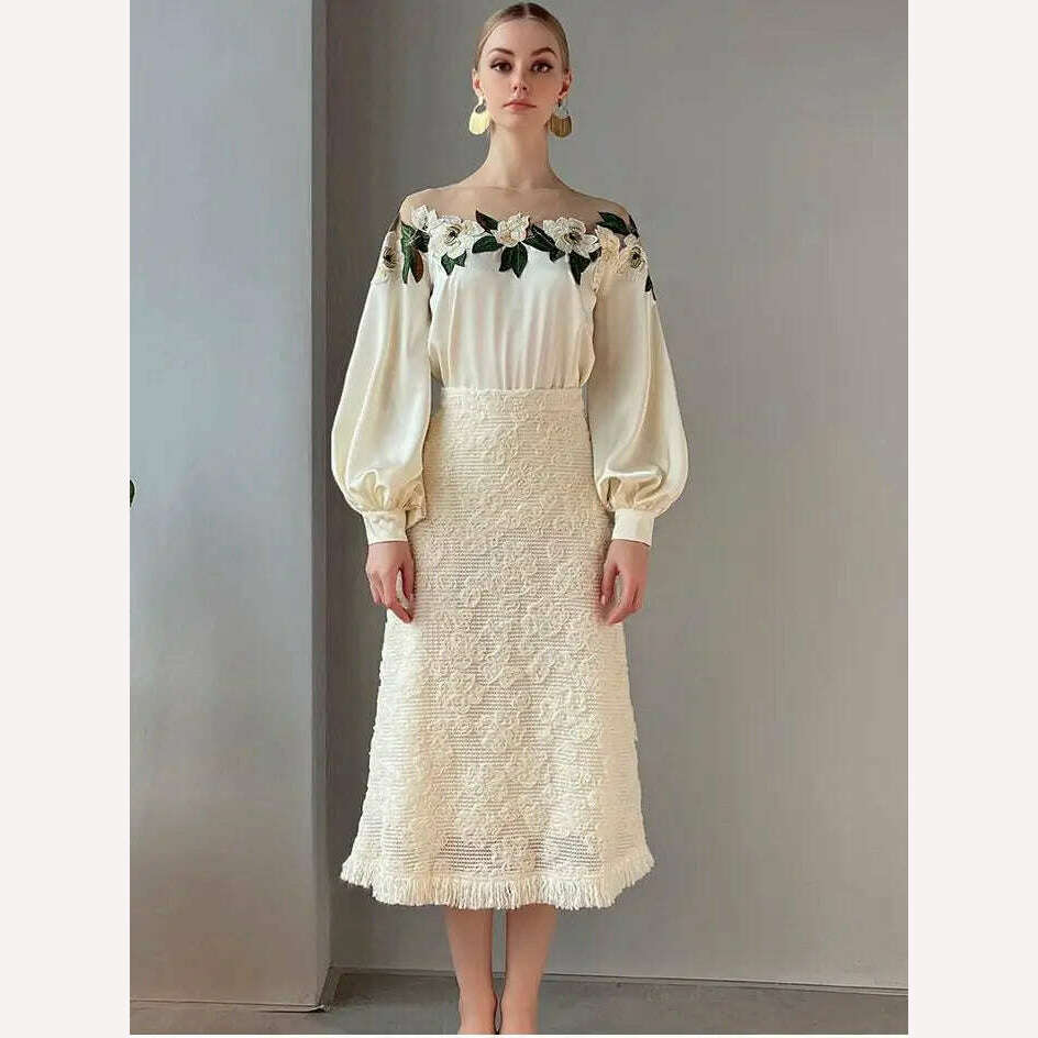 Luxury Flowers Embroidery Mesh Stitching Satin Shirt Sweet Long Sleeved Faux Silk Blouses Loose OL Gauze Glossy Crop Tops Blusas - KIMLUD