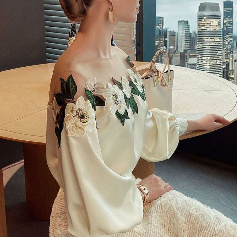 Luxury Flowers Embroidery Mesh Stitching Satin Shirt Sweet Long Sleeved Faux Silk Blouses Loose OL Gauze Glossy Crop Tops Blusas - KIMLUD