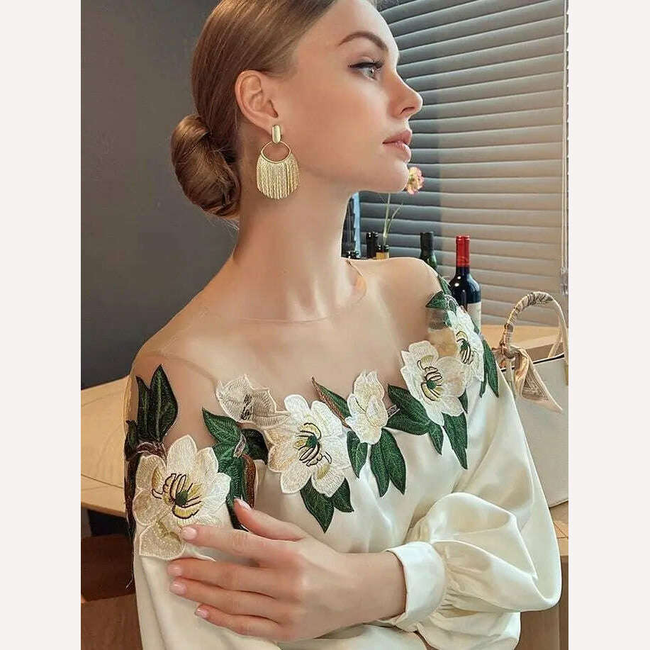 Luxury Flowers Embroidery Mesh Stitching Satin Shirt Sweet Long Sleeved Faux Silk Blouses Loose OL Gauze Glossy Crop Tops Blusas - KIMLUD