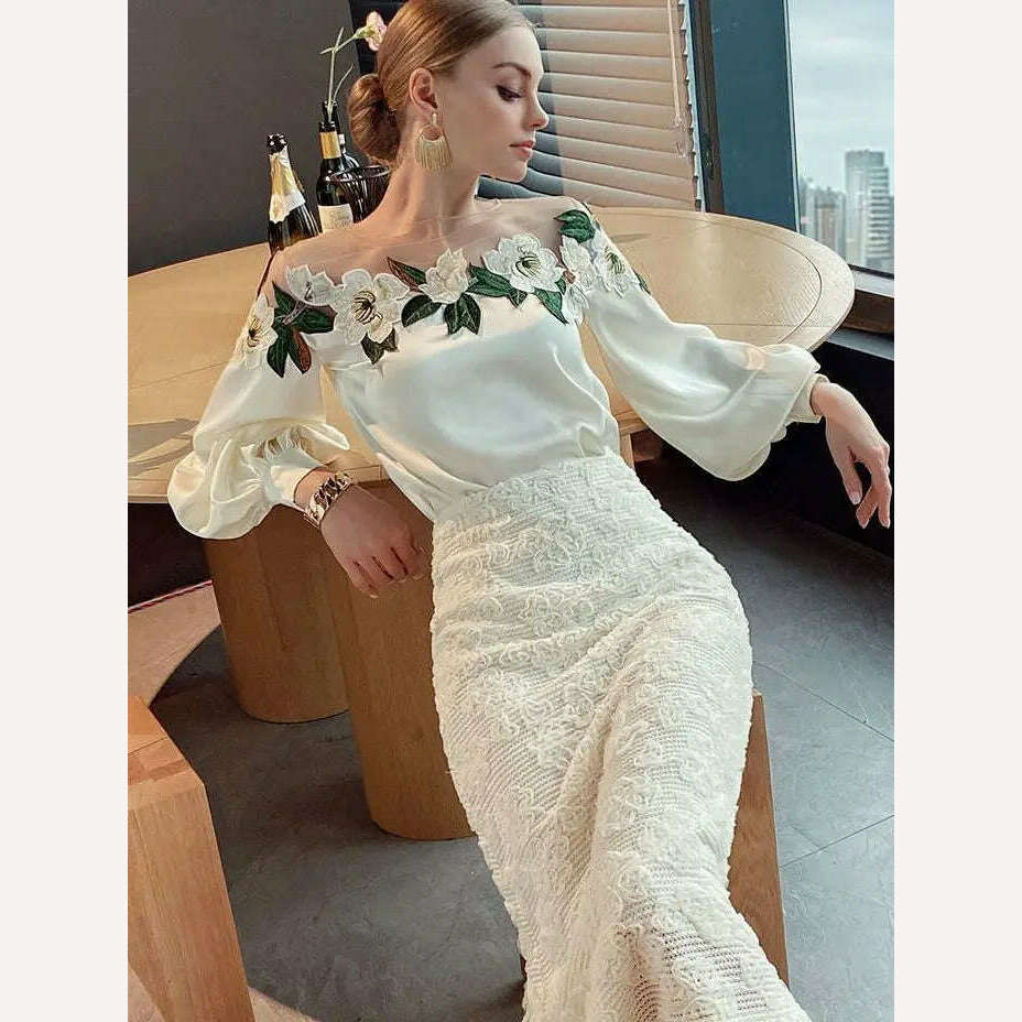 Luxury Flowers Embroidery Mesh Stitching Satin Shirt Sweet Long Sleeved Faux Silk Blouses Loose OL Gauze Glossy Crop Tops Blusas - KIMLUD