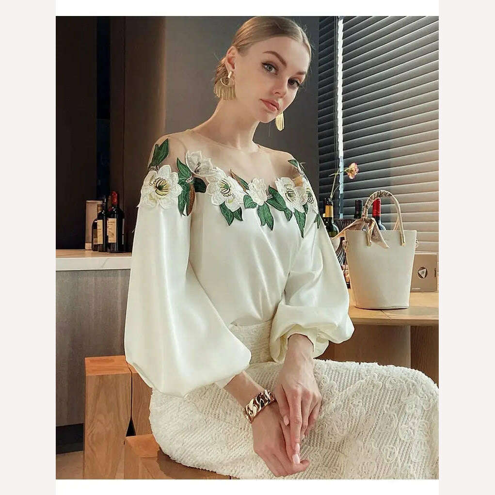 Luxury Flowers Embroidery Mesh Stitching Satin Shirt Sweet Long Sleeved Faux Silk Blouses Loose OL Gauze Glossy Crop Tops Blusas - KIMLUD
