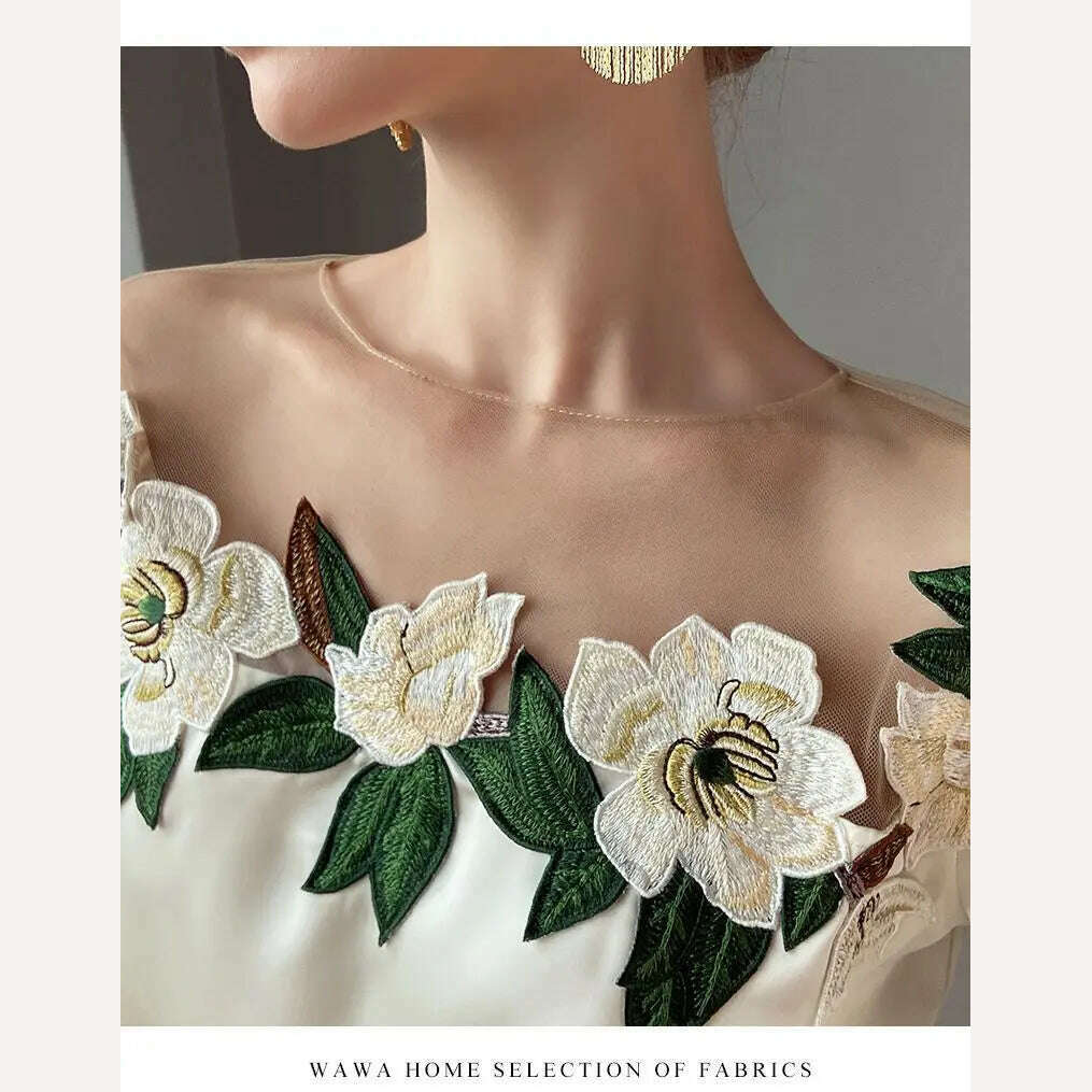 Luxury Flowers Embroidery Mesh Stitching Satin Shirt Sweet Long Sleeved Faux Silk Blouses Loose OL Gauze Glossy Crop Tops Blusas - KIMLUD