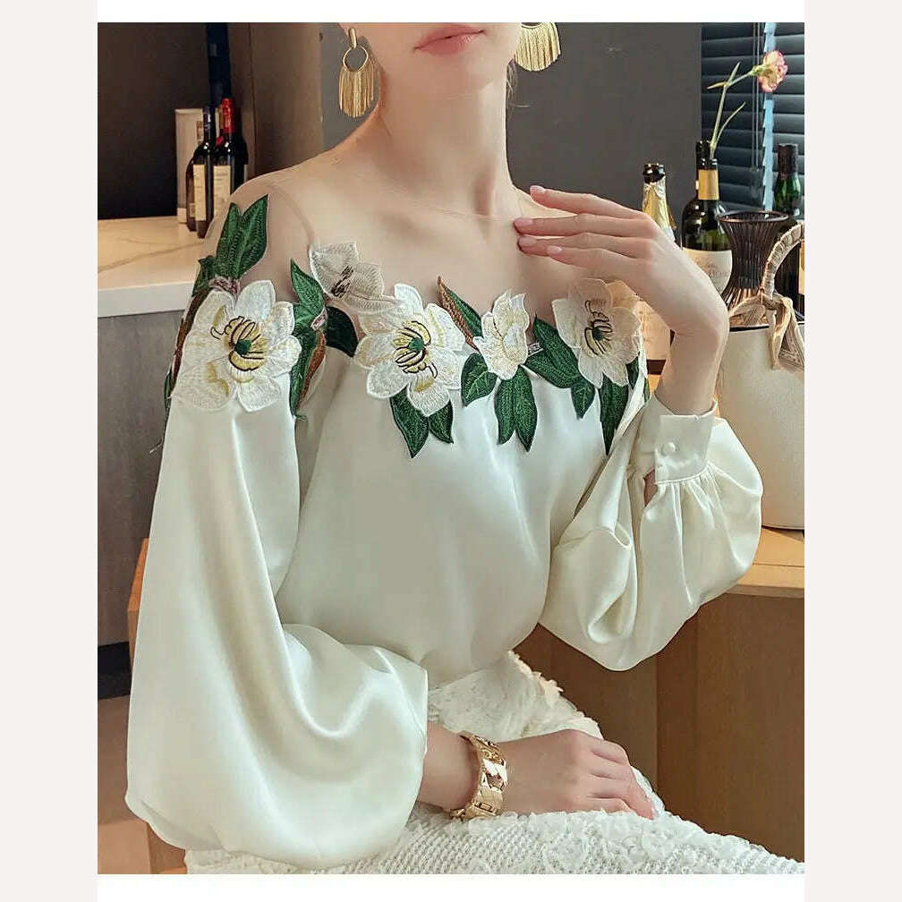 Luxury Flowers Embroidery Mesh Stitching Satin Shirt Sweet Long Sleeved Faux Silk Blouses Loose OL Gauze Glossy Crop Tops Blusas - KIMLUD