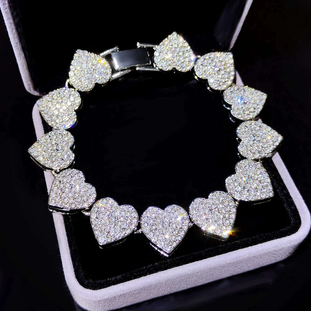 KIMLUD, Luxury Full Crystal Heart Link Chain Necklace For Women Bling Iced Out Paved Rhinestones Cuban Choker Necklace Fashion Jewelry, Silver Bracelet / 8.4 inch(21.3cm), KIMLUD APPAREL - Womens Clothes