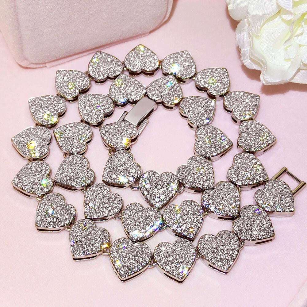 KIMLUD, Luxury Full Crystal Heart Link Chain Necklace For Women Bling Iced Out Paved Rhinestones Cuban Choker Necklace Fashion Jewelry, KIMLUD Womens Clothes