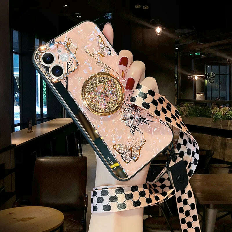 KIMLUD, Luxury Glitter Diamond Mirror Butterfly Holder Phone Case For iPhone 15 14 13 12 11 Pro Max X XR XS 7 8 Plus Lanyard Bling Cover, KIMLUD Womens Clothes