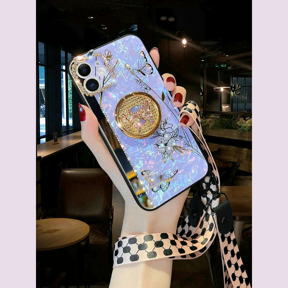 KIMLUD, Luxury Glitter Diamond Mirror Butterfly Holder Phone Case For iPhone 15 14 13 12 11 Pro Max X XR XS 7 8 Plus Lanyard Bling Cover, KIMLUD Womens Clothes