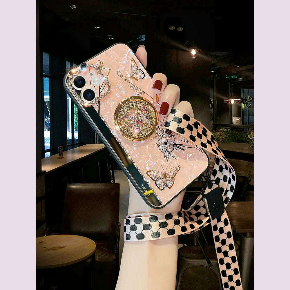 KIMLUD, Luxury Glitter Diamond Mirror Butterfly Holder Phone Case For iPhone 15 14 13 12 11 Pro Max X XR XS 7 8 Plus Lanyard Bling Cover, KIMLUD Womens Clothes